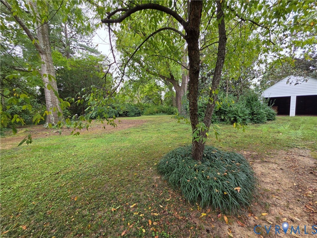 4114 Crestwood Road, Established, Richmond, VA 23227 Expansive backyard featuring mature trees, landscaped shrubbery, ground-cover plantings, and a detached two-car garage with white siding