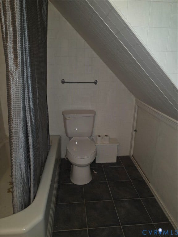 4114 Crestwood Road, Established, Richmond, VA 23227 Bathroom featuring dark square tile flooring, white wall tiling, a sloped ceiling, and an integrated access panel