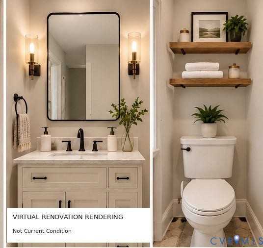 4114 Crestwood Road, Established, Richmond, VA 23227 Shaker-style vanity with a stone countertop, rectangular undermount sink, matte black faucet, wall-mounted light fixtures, and natural wood-finish shelving