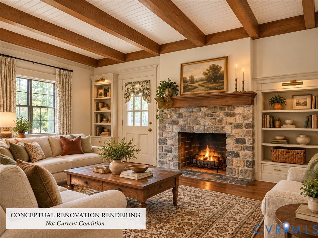 4114 Crestwood Road, Established, Richmond, VA 23227 Exposed wooden ceiling beams, stone-faced fireplace with a wood mantel, and custom built-in shelving