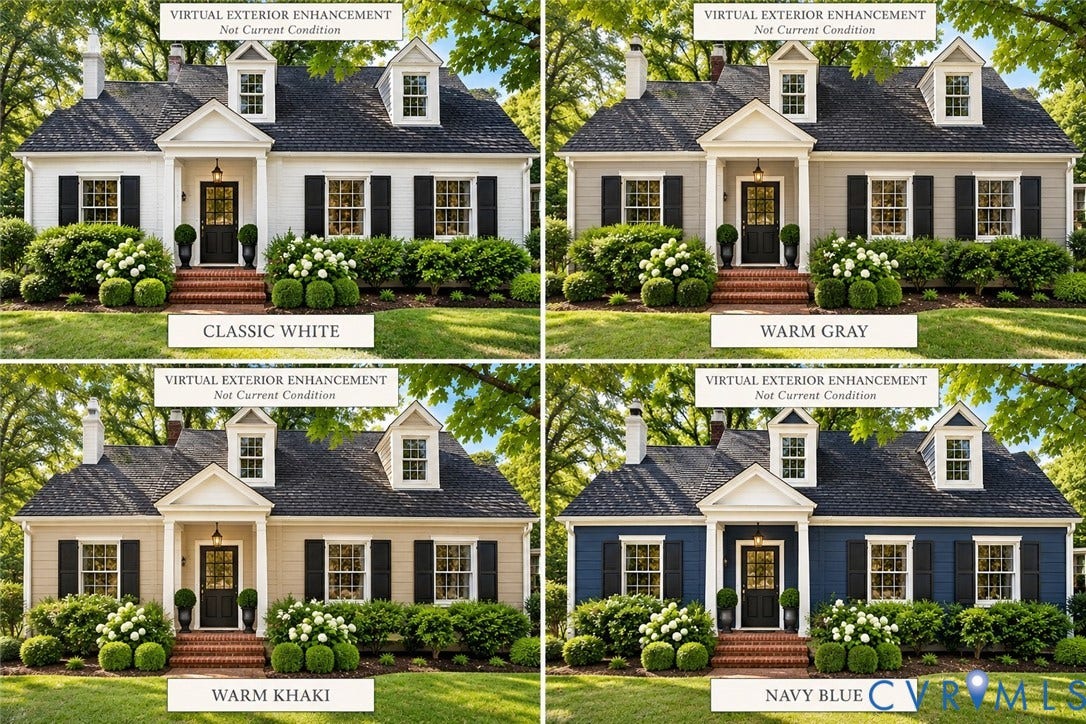 4114 Crestwood Road, Established, Richmond, VA 23227 Virtual Exterior Enhancement. Illustrating potential color scheme options for the property