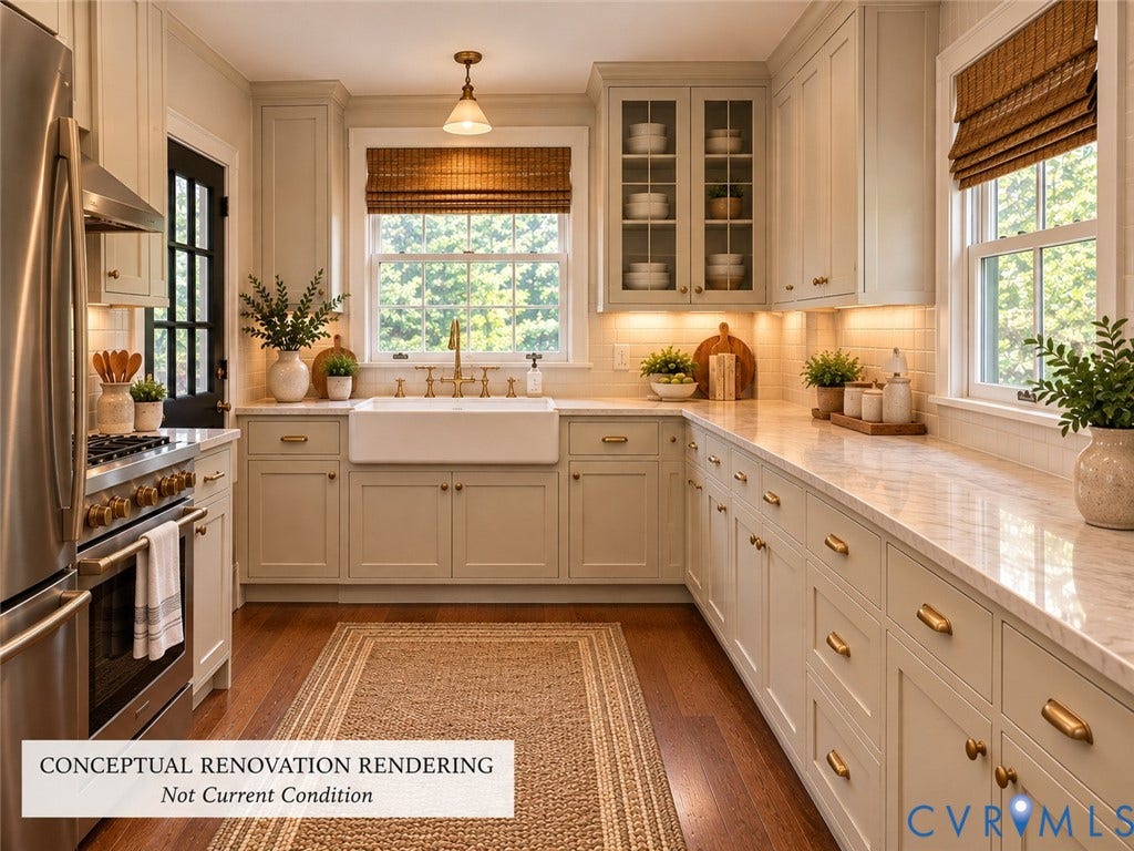 4114 Crestwood Road, Established, Richmond, VA 23227 Kitchen featuring shaker-style cabinetry, farmhouse sink with bridge-style faucet, light-toned stone countertops, stainless steel gas range, and wood-finish flooring
