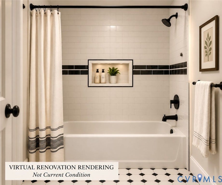 4114 Crestwood Road, Established, Richmond, VA 23227 Bathtub enclosure featuring white subway tile walls with black accent detailing, a recessed wall niche, matte black fixtures, and geometric black-and-white floor tiling
