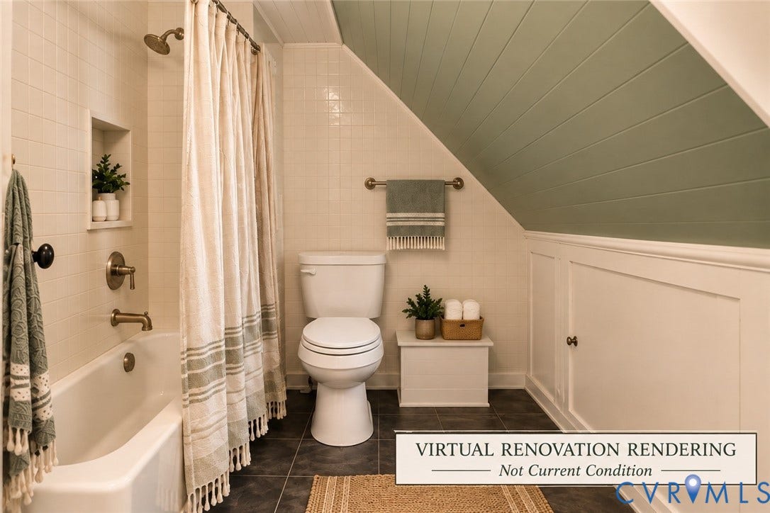 4114 Crestwood Road, Established, Richmond, VA 23227 Bathroom featuring a sloped ceiling with horizontal wood paneling, tile-surround tub with built-in wall niche, brass-finish fixtures, and lower wall wainscoting