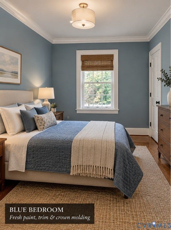 4114 Crestwood Road, Established, Richmond, VA 23227 Bedroom interior featuring crown molding, neutral wall-to-wall paint, wood-finish flooring, and a semi-flush mount light fixture