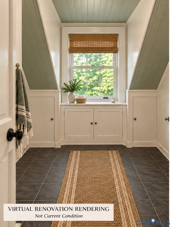 4114 Crestwood Road, Established, Richmond, VA 23227 Dormer window with integrated storage cabinetry, finished with painted tongue-and-groove paneling and dark tile flooring