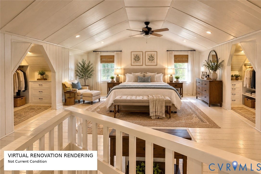 4114 Crestwood Road, Established, Richmond, VA 23227 Vaulted ceilings with paneled detailing, white wood-finish flooring, recessed lighting, and dual built-in closets
