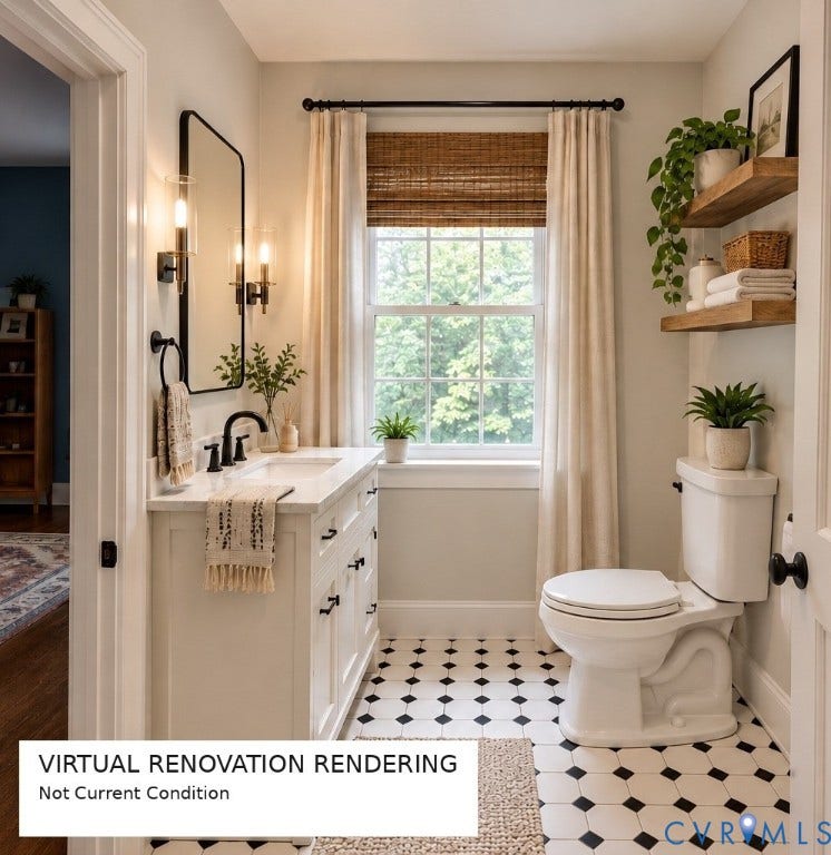 4114 Crestwood Road, Established, Richmond, VA 23227 White vanity with integrated basin and stone countertop, matte black hardware and wall-mounted light fixtures, framed rectangular mirror, and geometric patterned floor tiling