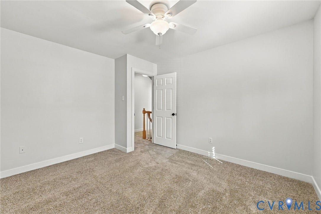 4712 Cedar Forest Road, Glen Allen, VA 23060 Bedroom number 2 featuring neutral paint, plush new carpeting, ceiling fan, and ample closet space.
