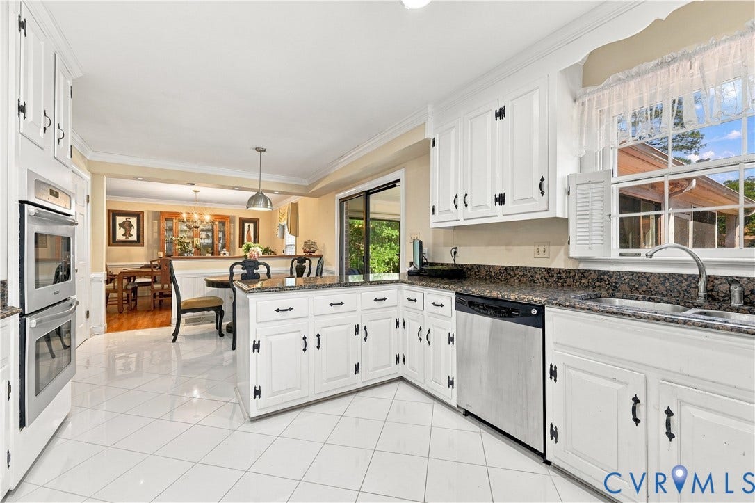 8307 Wallingford Lane, Chickahominy Bluffs, Henrico, VA 23227 Kitchen featuring white cabinetry, stone countertops, stainless steel double wall ovens, a stainless steel dishwasher, and polished tile flooring