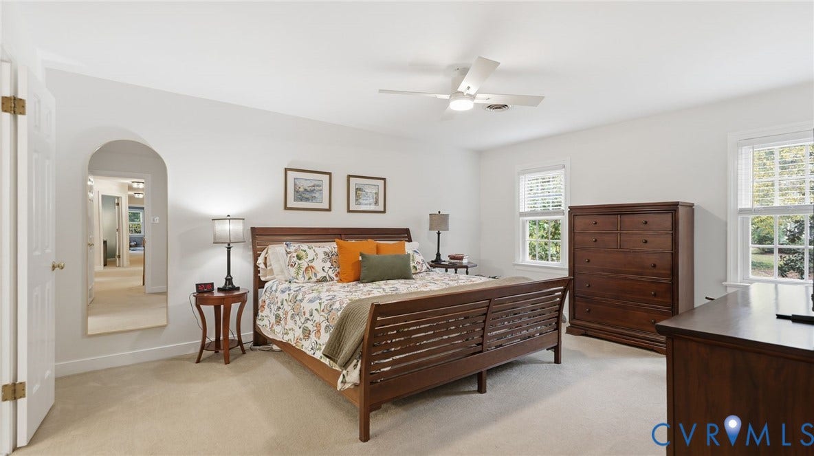 2040 Normandstone Drive, Roxshire, Midlothian, VA 23113 Room featuring neutral carpeting, an arched entryway, a ceiling fan with integrated lighting, and multi-pane windows