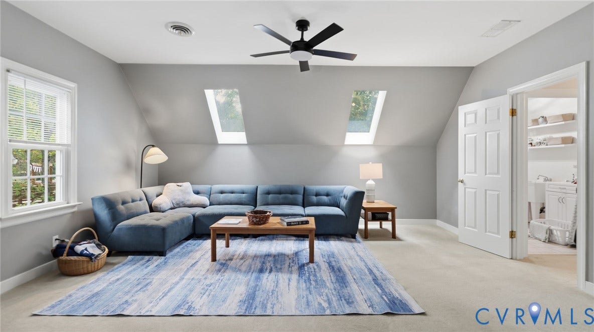 2040 Normandstone Drive, Roxshire, Midlothian, VA 23113 Room with vaulted ceilings, two skylights, wall-to-wall carpeting, modern matte black ceiling fan, and access to a secondary space through a panel door