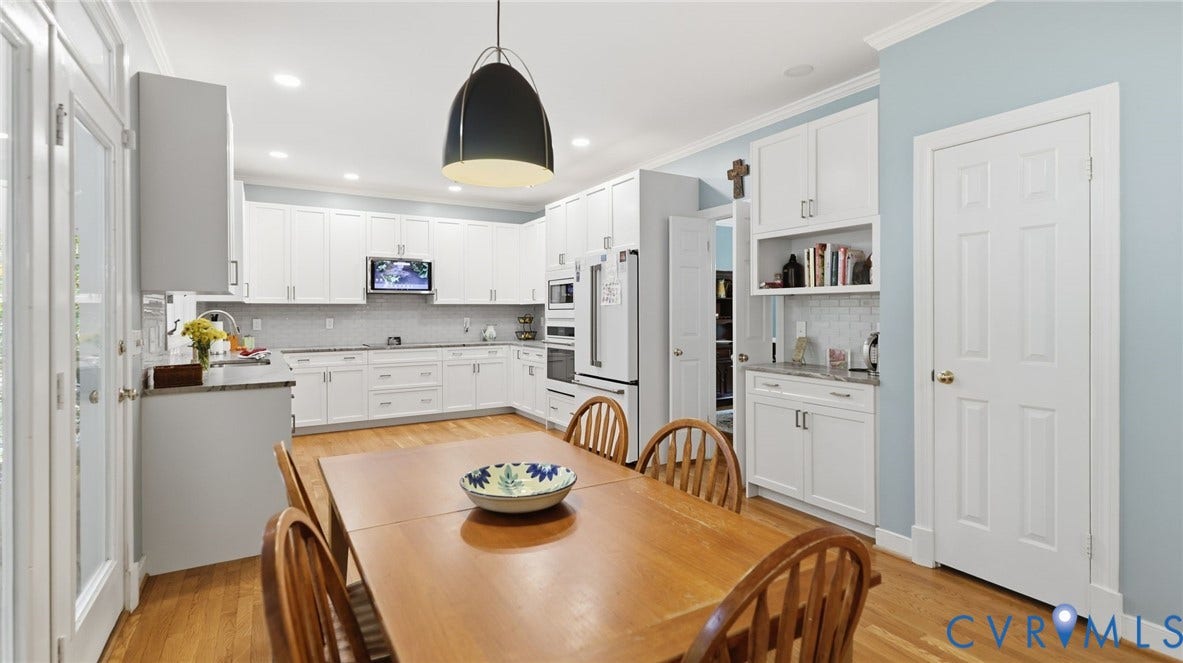 2040 Normandstone Drive, Roxshire, Midlothian, VA 23113 Kitchen featuring white cabinetry, stone-finish countertops, built-in double wall ovens, wood-finish flooring, and a dome-shaped pendant light fixture