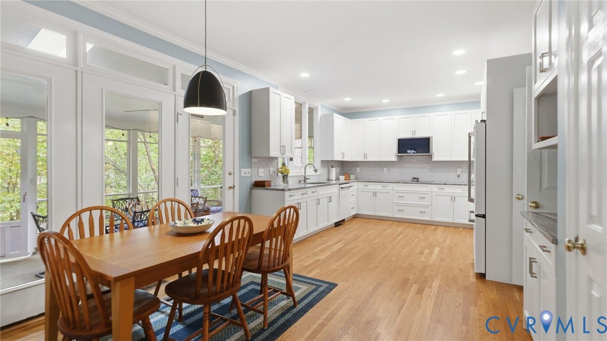 2040 Normandstone Drive, Roxshire, Midlothian, VA 23113 Kitchen featuring white shaker cabinetry, stone countertops, recessed lighting, wood-finish flooring, and multiple glass-paned doors