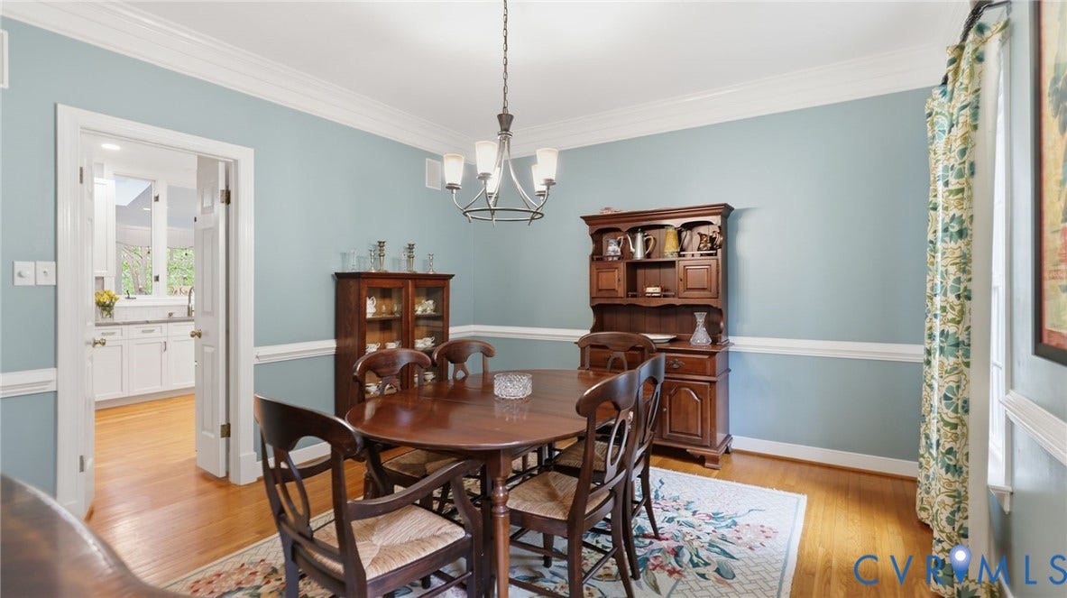 2040 Normandstone Drive, Roxshire, Midlothian, VA 23113 Dining area featuring crown molding, chair rail trim, wood-finish flooring, and a multi-arm chandelier