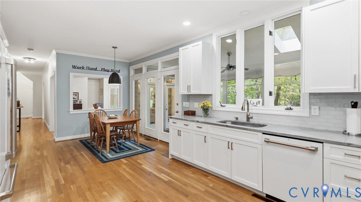 2040 Normandstone Drive, Roxshire, Midlothian, VA 23113 Kitchen featuring white cabinetry, stone countertops, a subway tile backsplash, stainless steel sink hardware, and wood-finish flooring