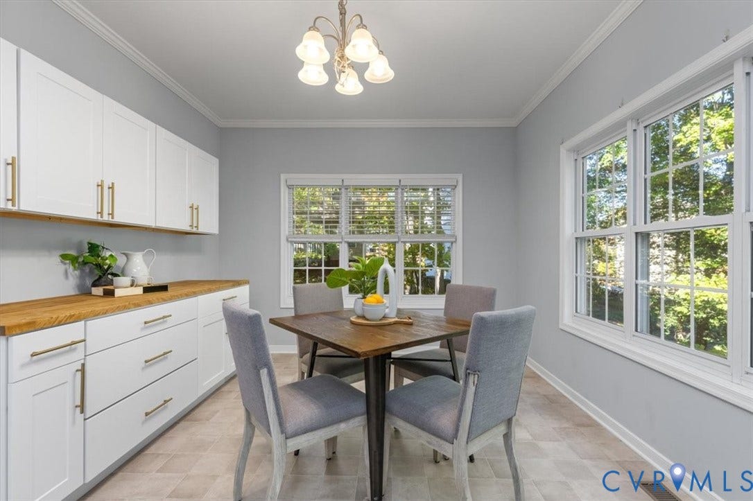 4011 Echo Ridge Place, Midlothian, VA 23112 Large Eat in Kitchen with shaker-style white cabinetry for added storage and prep space with butcher block countertops and large windows