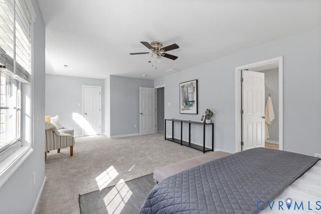 4011 Echo Ridge Place, Midlothian, VA 23112 Primary bedroom featuring ensuite, new carpeting, ceiling fan, sitting area, and huge walk in closet