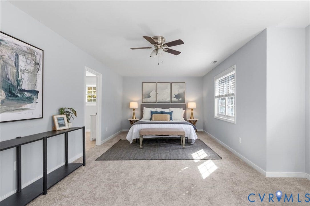 4011 Echo Ridge Place, Midlothian, VA 23112 Primary bedroom featuring ensuite, new carpeting, ceiling fan, sitting area, and huge walk in closet