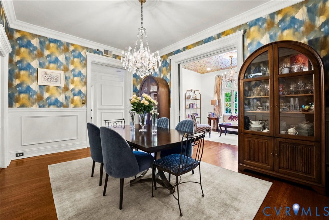 2416 Park Avenue, #U4, The Fan District, Richmond, VA 23220 Formal dining space featuring multi-tonal patterned wallpaper, white wainscoting, wood-finish flooring, crown molding, and an ornate crystal chandelier