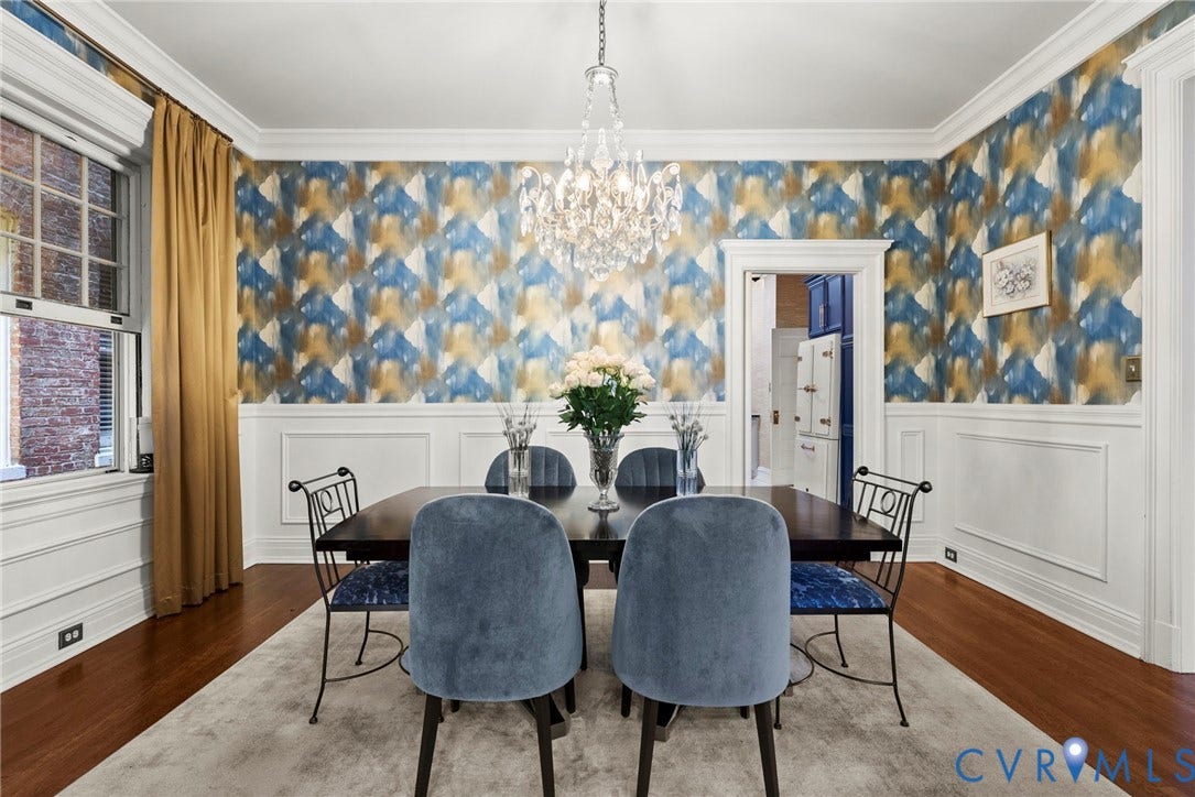 2416 Park Avenue, #U4, The Fan District, Richmond, VA 23220 Formal dining space featuring white wainscoting, multi-toned geometric wallpaper, wood-finish flooring, crown molding, and a crystal chandelier