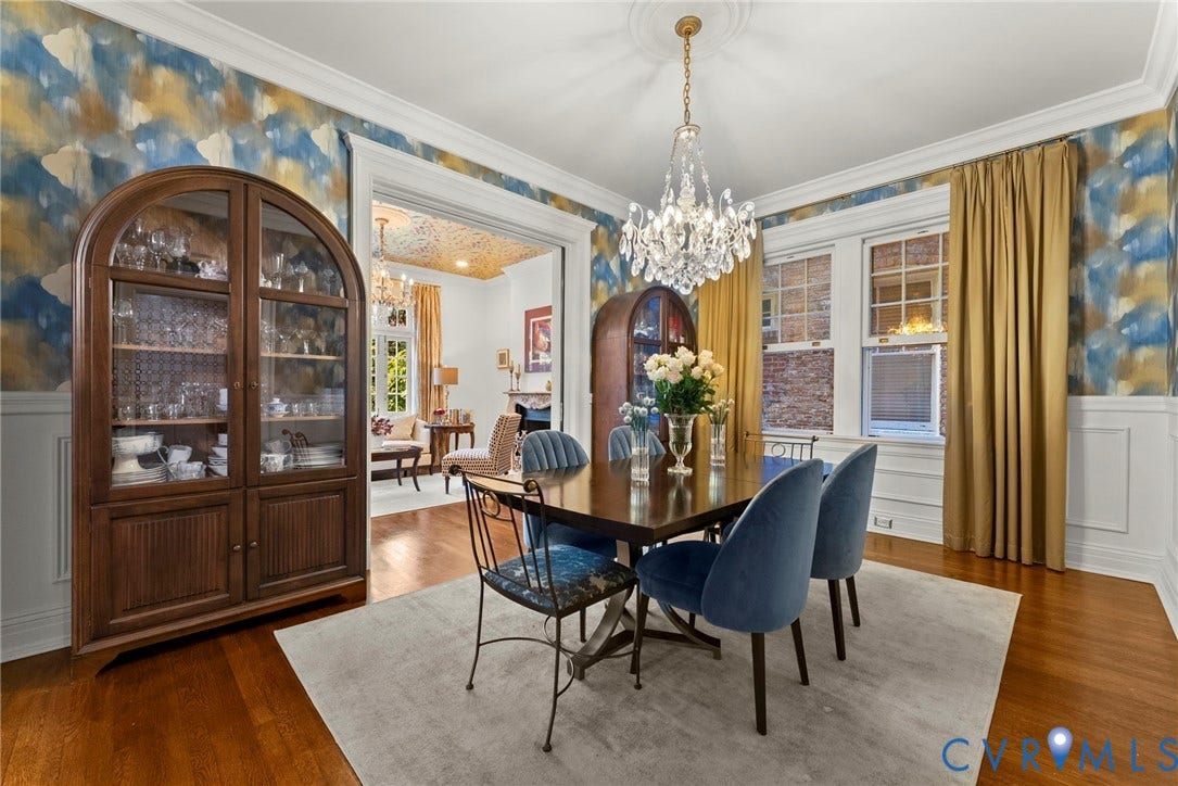 2416 Park Avenue, #U4, The Fan District, Richmond, VA 23220 Dining space featuring decorative wainscoting, intricate ceiling medallion, crystal chandelier, and hardwood flooring