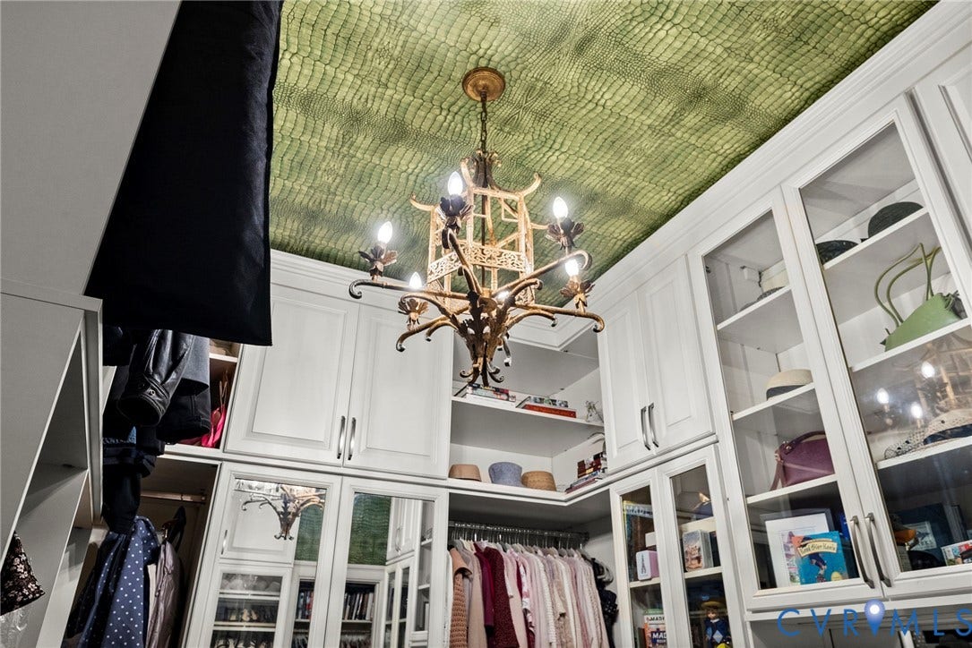 2416 Park Avenue, #U4, The Fan District, Richmond, VA 23220 Custom built-in cabinetry with glass-front display doors, metallic hardware, integrated hanging rods, and a decorative pendant fixture finished with a distinctive patterned ceiling treatment