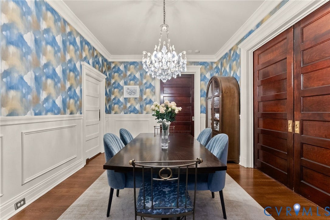 2416 Park Avenue, #U4, The Fan District, Richmond, VA 23220 Dining space featuring stained wood flooring, custom wainscoting, solid wood doors, and a crystal chandelier