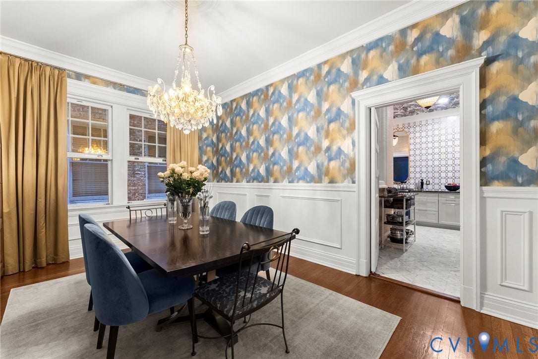 2416 Park Avenue, #U4, The Fan District, Richmond, VA 23220 Dining area featuring decorative wall covering, wainscoting, hardwood flooring, crown molding, and a multi-arm crystal chandelier