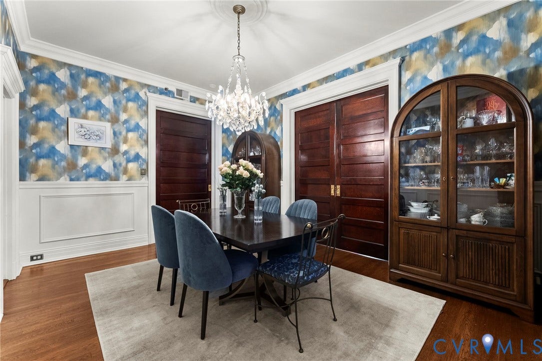 2416 Park Avenue, #U4, The Fan District, Richmond, VA 23220 Formal dining area featuring hardwood flooring, wainscoting, crown molding, tiered crystal chandelier, and deep-toned wood doors