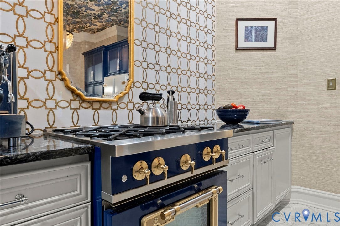 2416 Park Avenue, #U4, The Fan District, Richmond, VA 23220 Custom blue-finish professional-grade gas range, geometric-patterned backsplash tile, neutral textured wall covering, and polished stone-finish countertops with inset cabinetry