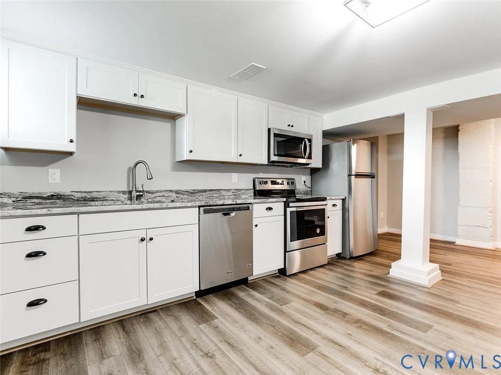 620 Chimborazo Boulevard, Church Hill, Richmond, VA 23223 Kitchen featuring white cabinetry, stone-patterned countertops, stainless steel appliances, and wood-finish flooring