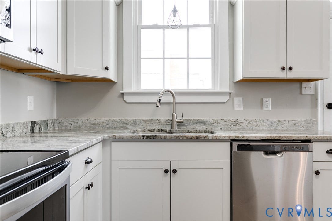 620 Chimborazo Boulevard, Church Hill, Richmond, VA 23223 Kitchen featuring white shaker-style cabinetry, natural stone countertops, integrated stainless steel dishwasher, undermount sink with high-arc faucet, and a large multi-pane window