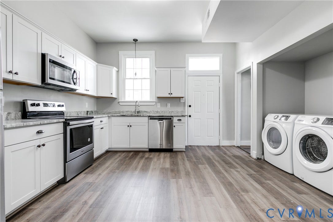 620 Chimborazo Boulevard, Church Hill, Richmond, VA 23223 Kitchen featuring white shaker-style cabinetry, stone countertops, stainless steel appliances, and wood-finish flooring