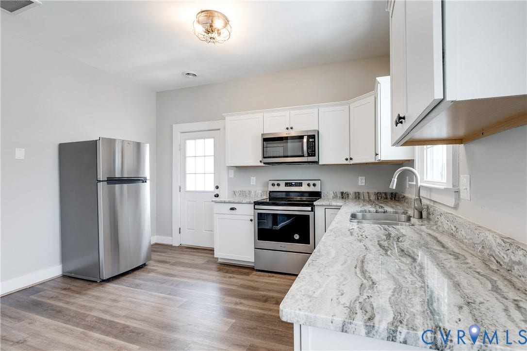 620 Chimborazo Boulevard, Church Hill, Richmond, VA 23223 Kitchen featuring white cabinetry, stone-patterned countertops, stainless steel appliances, and wood-finish flooring