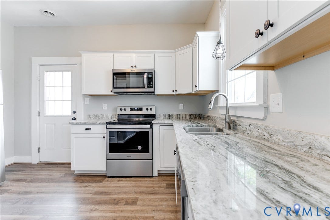 620 Chimborazo Boulevard, Church Hill, Richmond, VA 23223 Kitchen featuring white shaker-style cabinetry, stone countertops, stainless steel appliances, wood-finish flooring, and a single-handle pull-down faucet