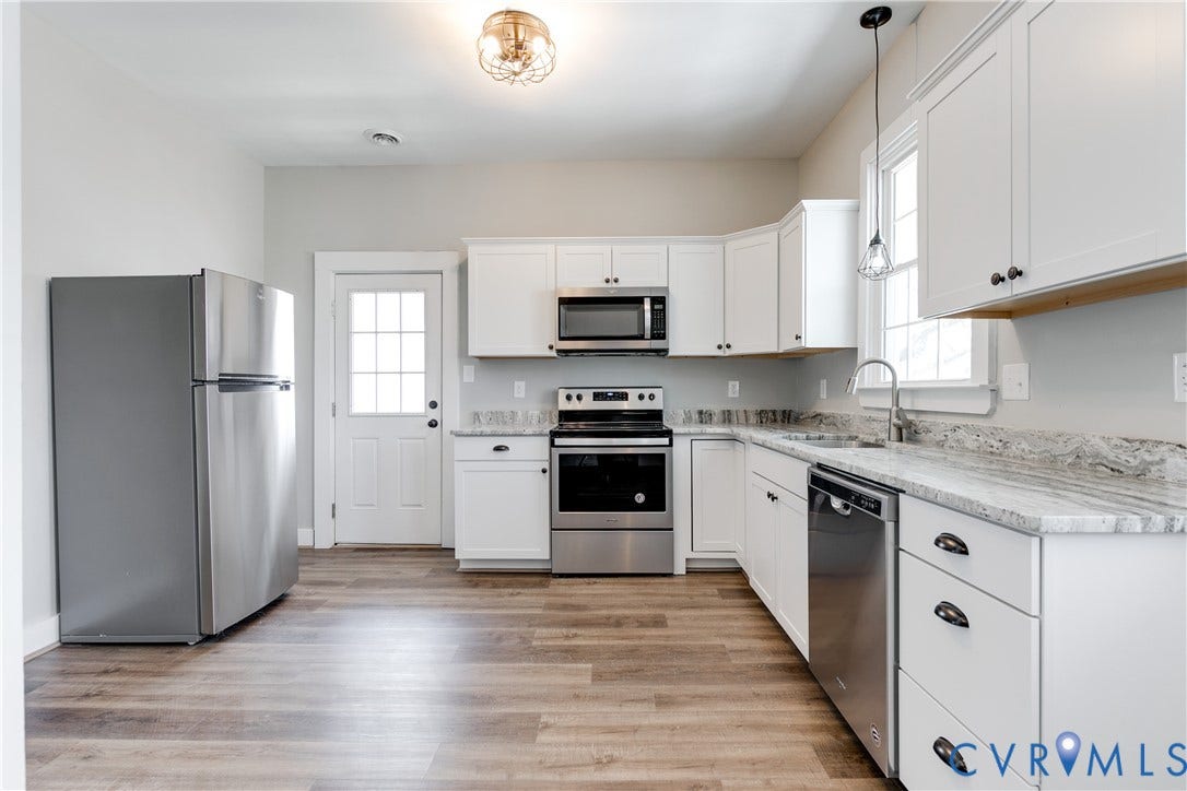 620 Chimborazo Boulevard, Church Hill, Richmond, VA 23223 Kitchen featuring white shaker-style cabinetry, stone-finish countertops, stainless steel appliances, and wood-finish flooring
