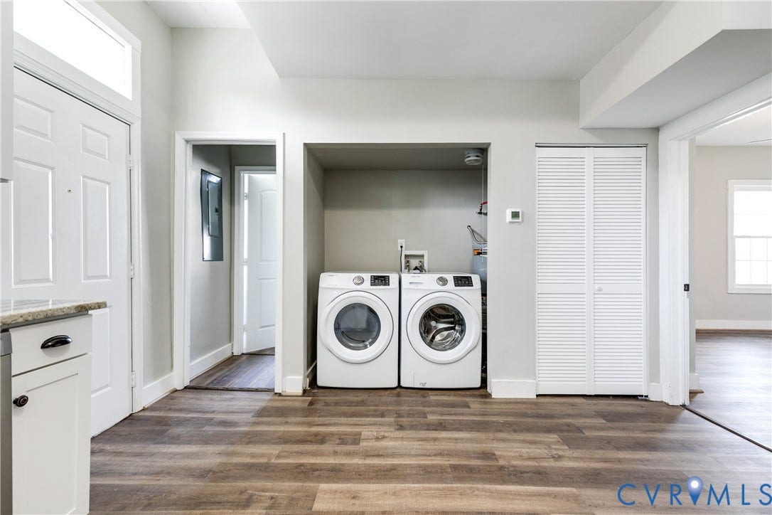 620 Chimborazo Boulevard, Church Hill, Richmond, VA 23223 Utility area featuring wood-finish flooring, white cabinetry with stone-finish countertops, louvered-door closet, and recessed laundry hookups