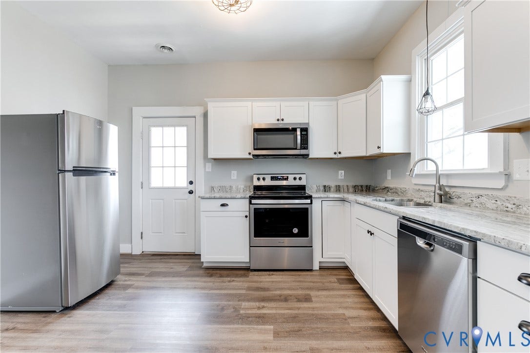 620 Chimborazo Boulevard, Church Hill, Richmond, VA 23223 Kitchen featuring white cabinetry, stone-finish countertops, stainless steel appliances, wood-finish flooring, and a multi-pane glass door