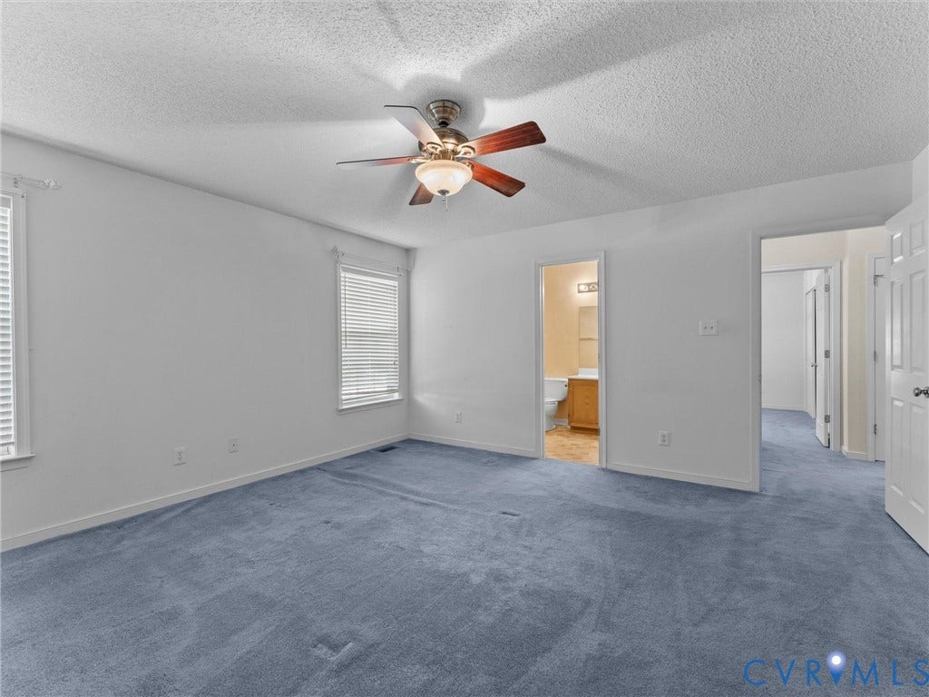 9520 Willow Ridge Drive, Glen Allen, VA 23060 Room featuring wall-to-wall carpeting, a ceiling fan with integrated lighting, dual windows with horizontal blinds, and a multi-panel interior door