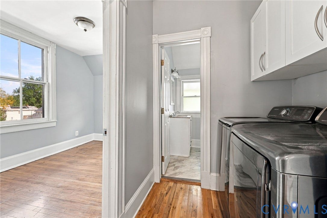 1911 3rd Avenue, Richmond, VA 23222 2nd Floor Laundry space featuring wood-finish flooring, white upper cabinetry, and traditional architectural trim