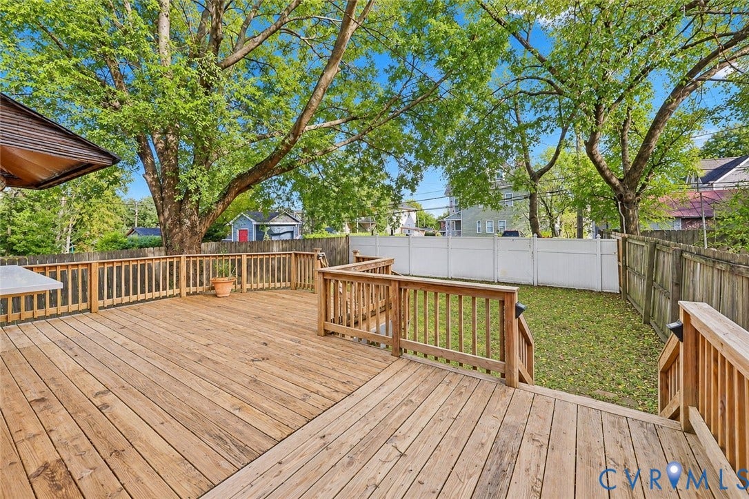 1911 3rd Avenue, Richmond, VA 23222 Multi-level wood deck featuring built-in railings, privacy fencing, and mature trees