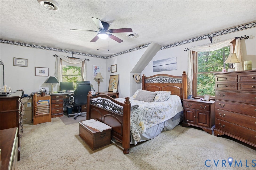 1330 Ruffin Mill Road, South Chesterfield, VA 23834 Bedroom featuring carpeted flooring, a ceiling fan, and large windows with decorative border detailing