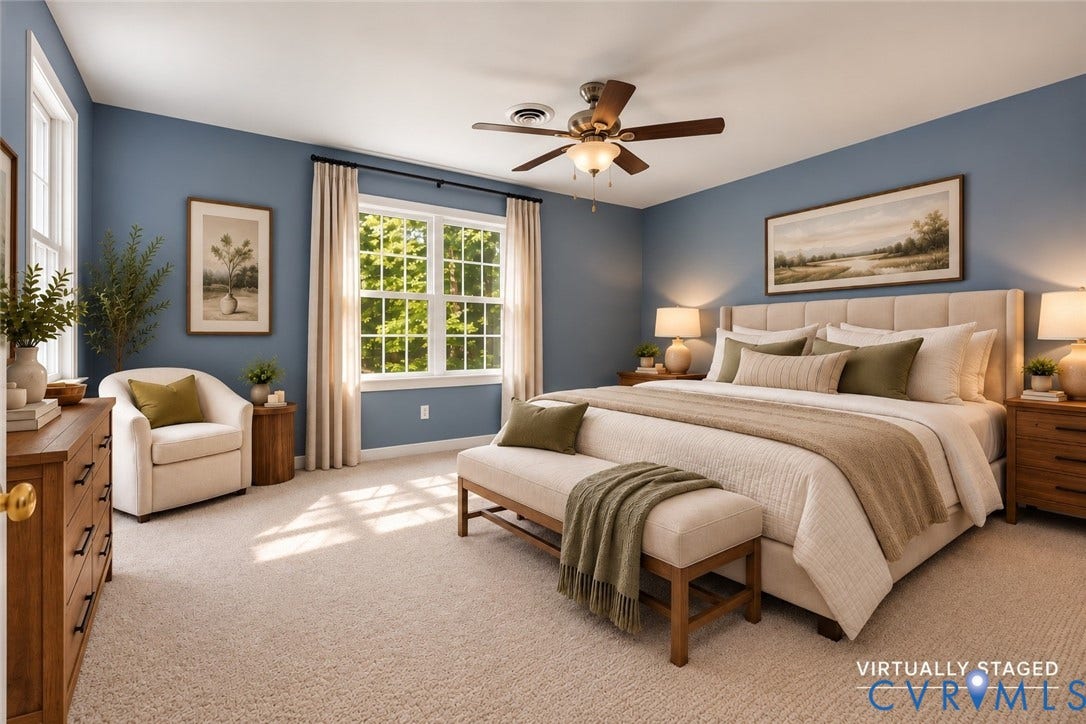 4350 Steger Creek Drive, Powhatan, VA 23139 Neutral-toned carpeting, multi-pane windows with integrated hardware, and a ceiling-mounted fan with integrated light fixture
