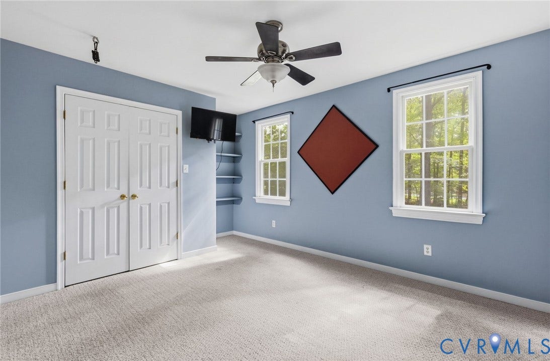 4350 Steger Creek Drive, Powhatan, VA 23139 Room featuring wall-to-wall carpeting, dual-pane windows, built-in corner shelving, and a ceiling fan with integrated lighting