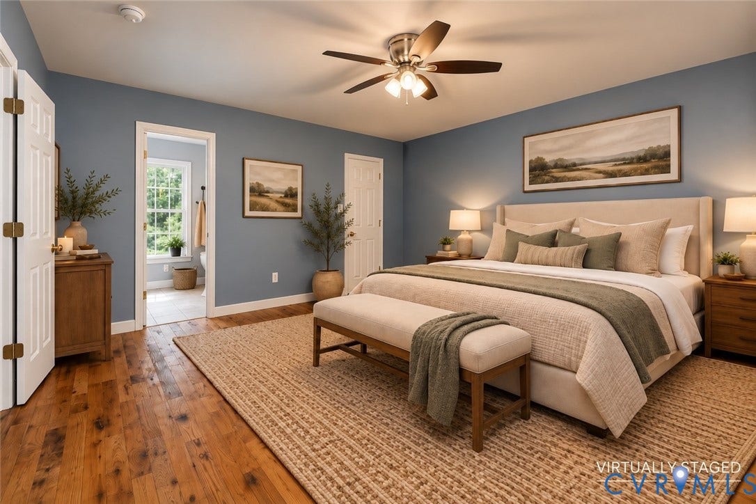 4350 Steger Creek Drive, Powhatan, VA 23139 Wood-finish flooring, multi-pane window, ceiling fan with integrated lighting, and multi-panel interior doors