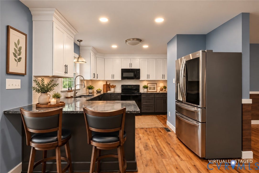 4350 Steger Creek Drive, Powhatan, VA 23139 Kitchen featuring white upper cabinetry, dark lower cabinetry, stone-surface countertops, wood-finish flooring, and stainless steel refrigerator