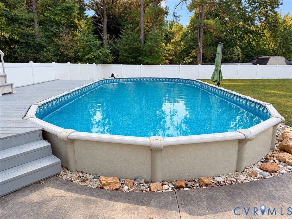 8477 Cheraw Road, Mechanicsville, VA 23116 *pictures from summer* Above-ground pool with stone landscaping, gray composite decking, and perimeter vinyl fencing