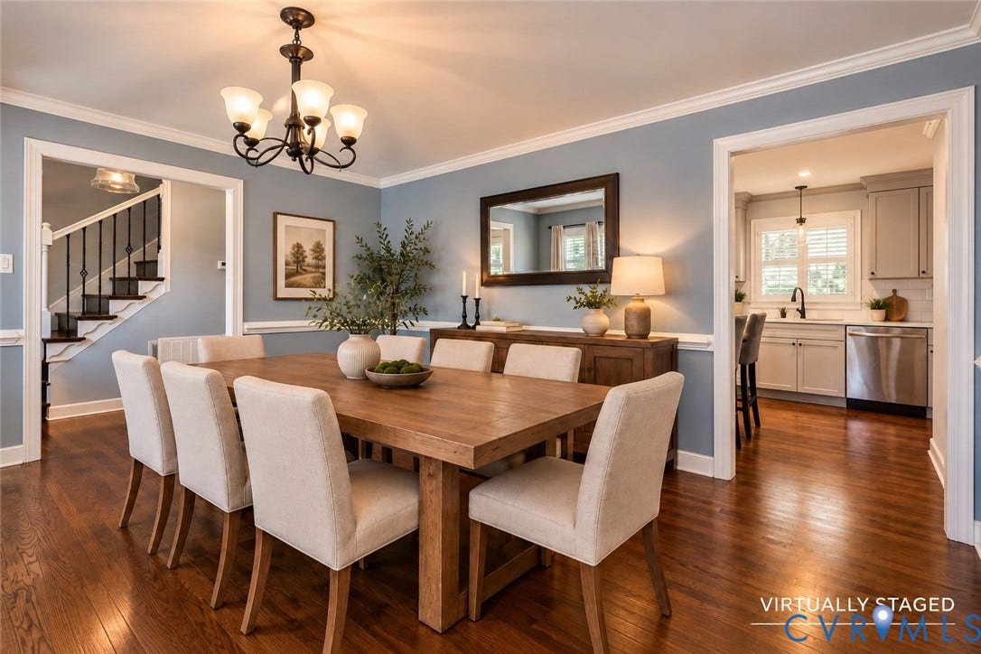 2137 Scarlet Mill Lane, Powhatan, VA 23139 Dining room featuring wood-finish flooring, crown molding, chair rail trim, and a multi-arm chandelier