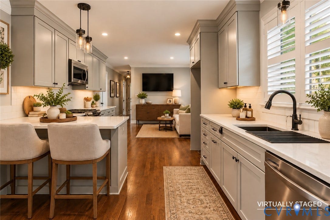 2137 Scarlet Mill Lane, Powhatan, VA 23139 Kitchen featuring light gray cabinetry, quartz countertops, white subway tile backsplash, wood-finish flooring, and matte black plumbing fixtures